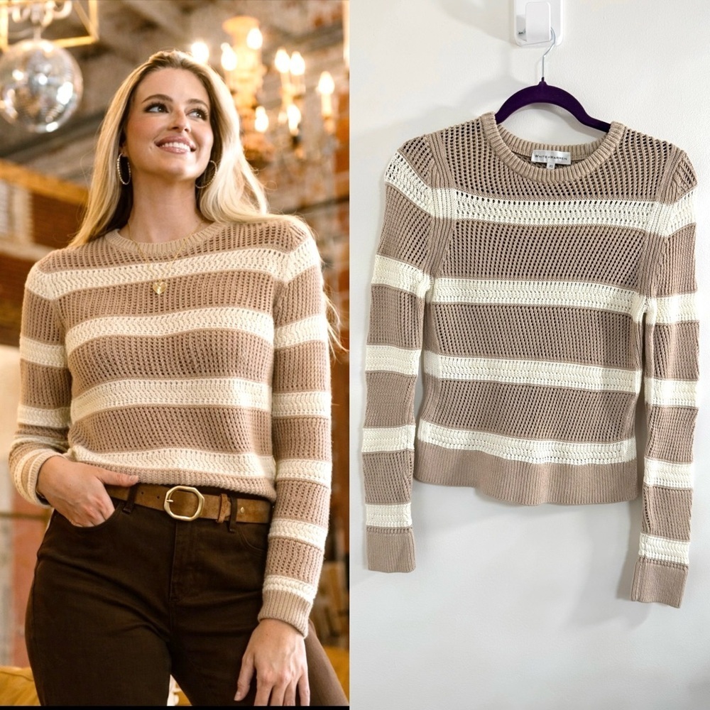 White + Warren Beige and Cream Striped Sweater